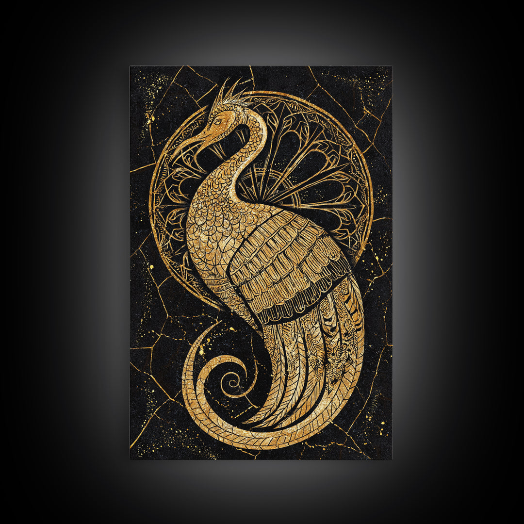 Ornate Golden Peacock Wall Art, Black And Gold Art, African Inspired Wall Decor, Mystical Animal Art, Luxury Canvas Print Gift