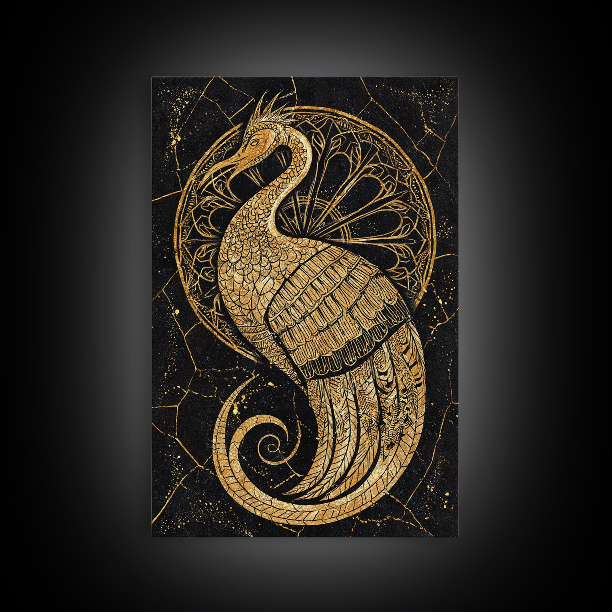 Ornate Golden Peacock Wall Art, Black And Gold Art, African Inspired Wall Decor, Mystical Animal Art, Luxury Canvas Print Gift