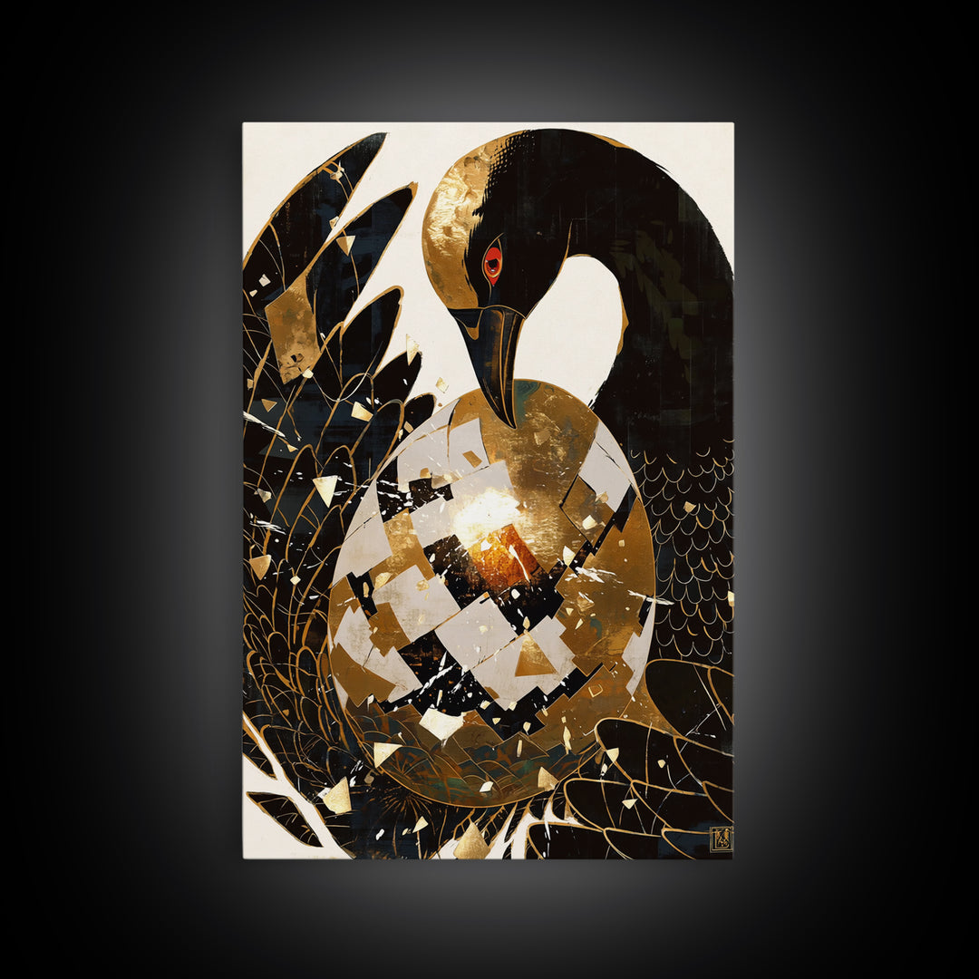 Black Crane With Golden Egg Framed Canvas Print, Black And Gold Art, Modern Bird Wall Decor, Elegant Home Decor, Unique Gift