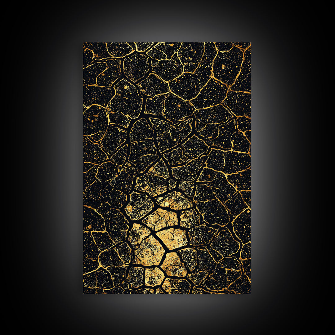 Black And Gold Crackle Abstract Wall Art, African Inspired Geometric Canvas Print, Luxury Art Decor, Modern Statement Piece