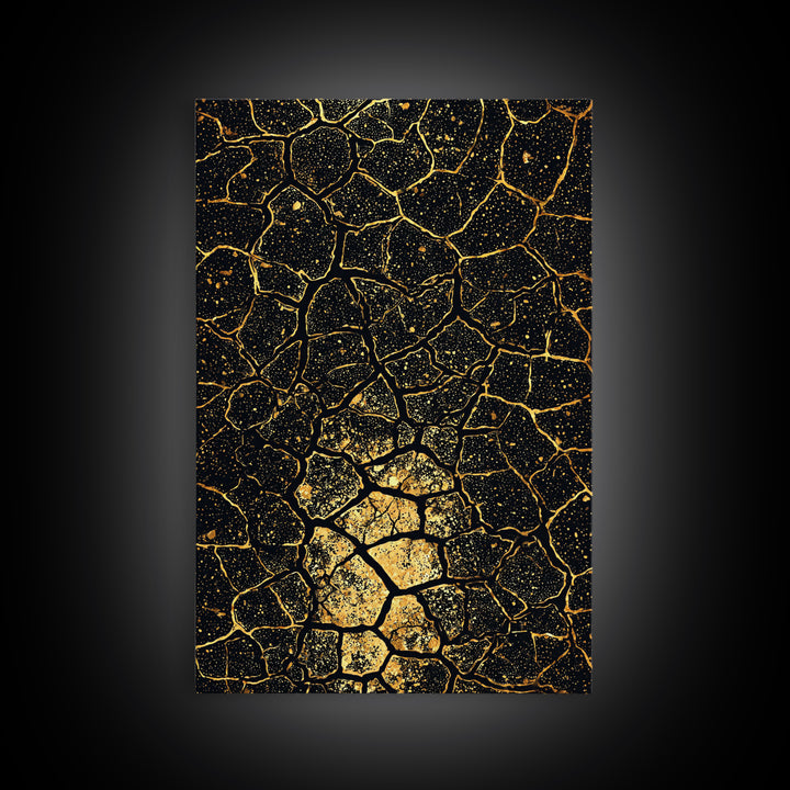 Black And Gold Crackle Abstract Wall Art, African Inspired Geometric Canvas Print, Luxury Art Decor, Modern Statement Piece