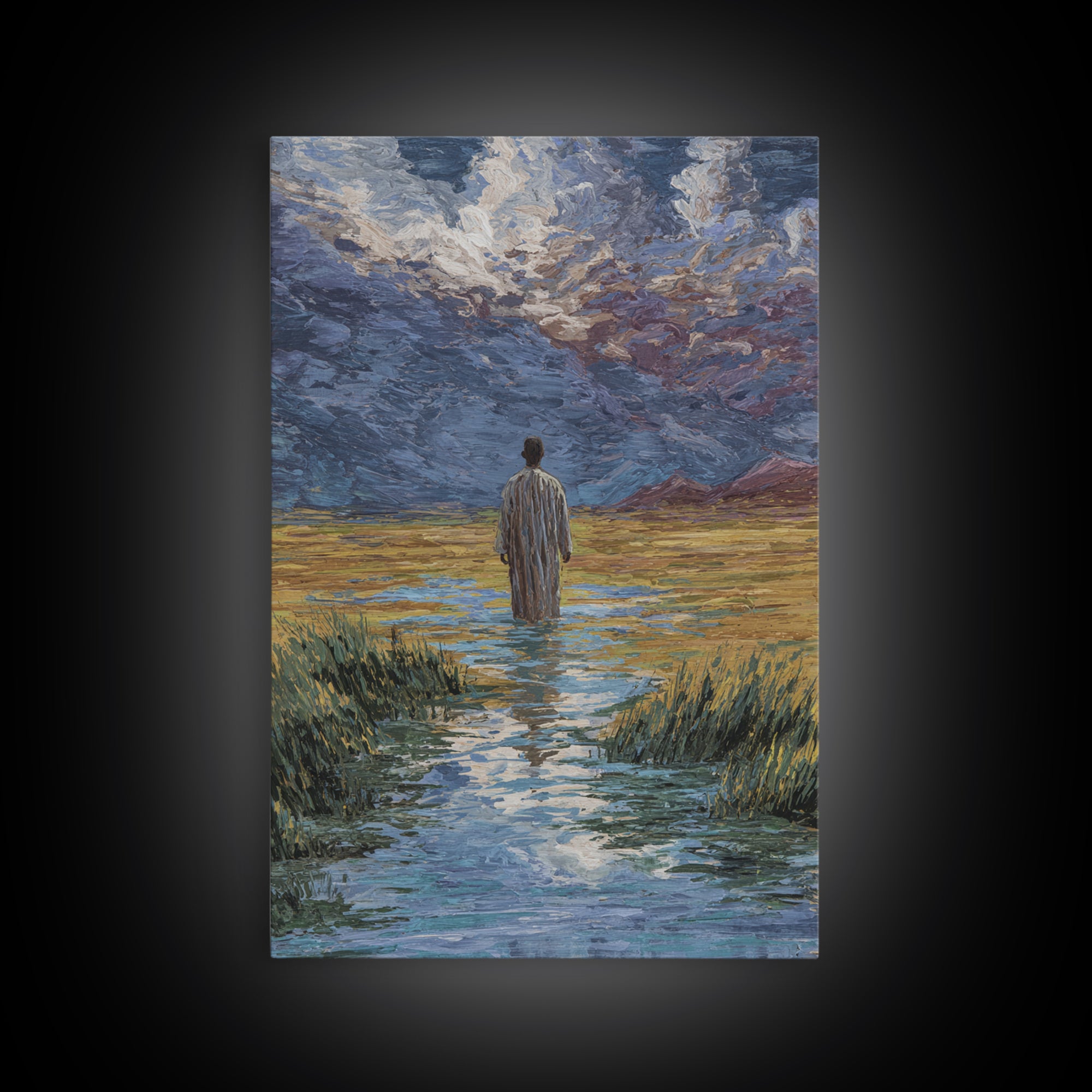 Lone Figure In Marsh Landscape Wall Art, African Landscape Canvas Print, Dreamy Nature Scene Art, Elegant Home Decor Gift