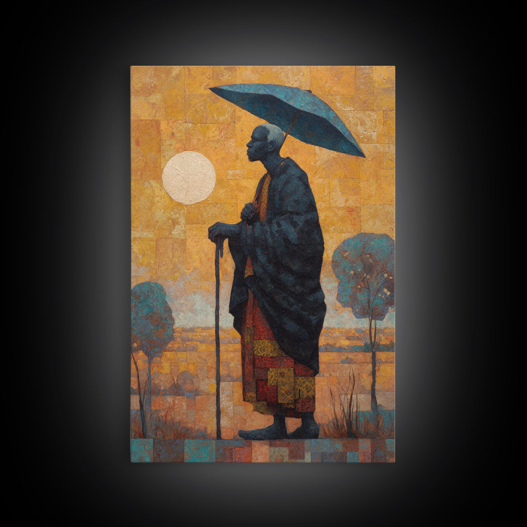 Elder With Blue Umbrella Wall Art, African Portrait Canvas Print, Burnt Orange Art, Afrocentric Decor, Meaningful Gift For Him