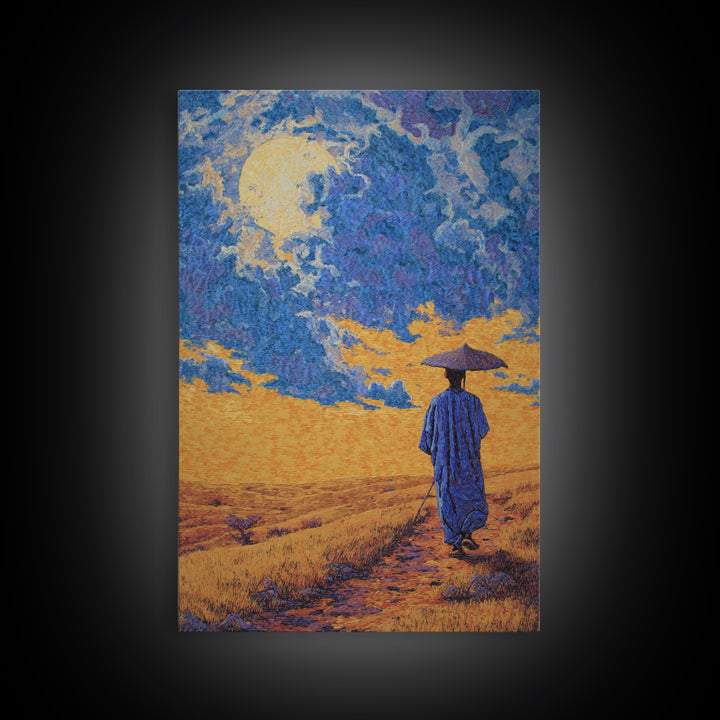 Blue Robed Traveler Under Moon Canvas Print, African Landscape Wall Art, Dreamy Wall Art, Cultural Home Decor, Gift For Him
