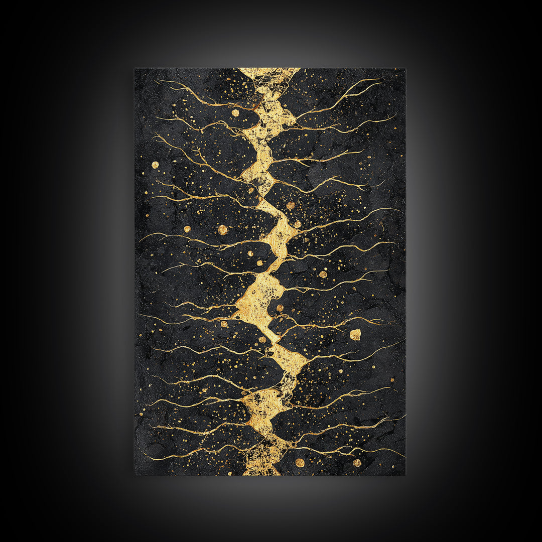 Gold Kintsugi River Abstract Wall Art, Black And Gold Art Print, Modern African Art Decor, Luxury Canvas Print For Living Room