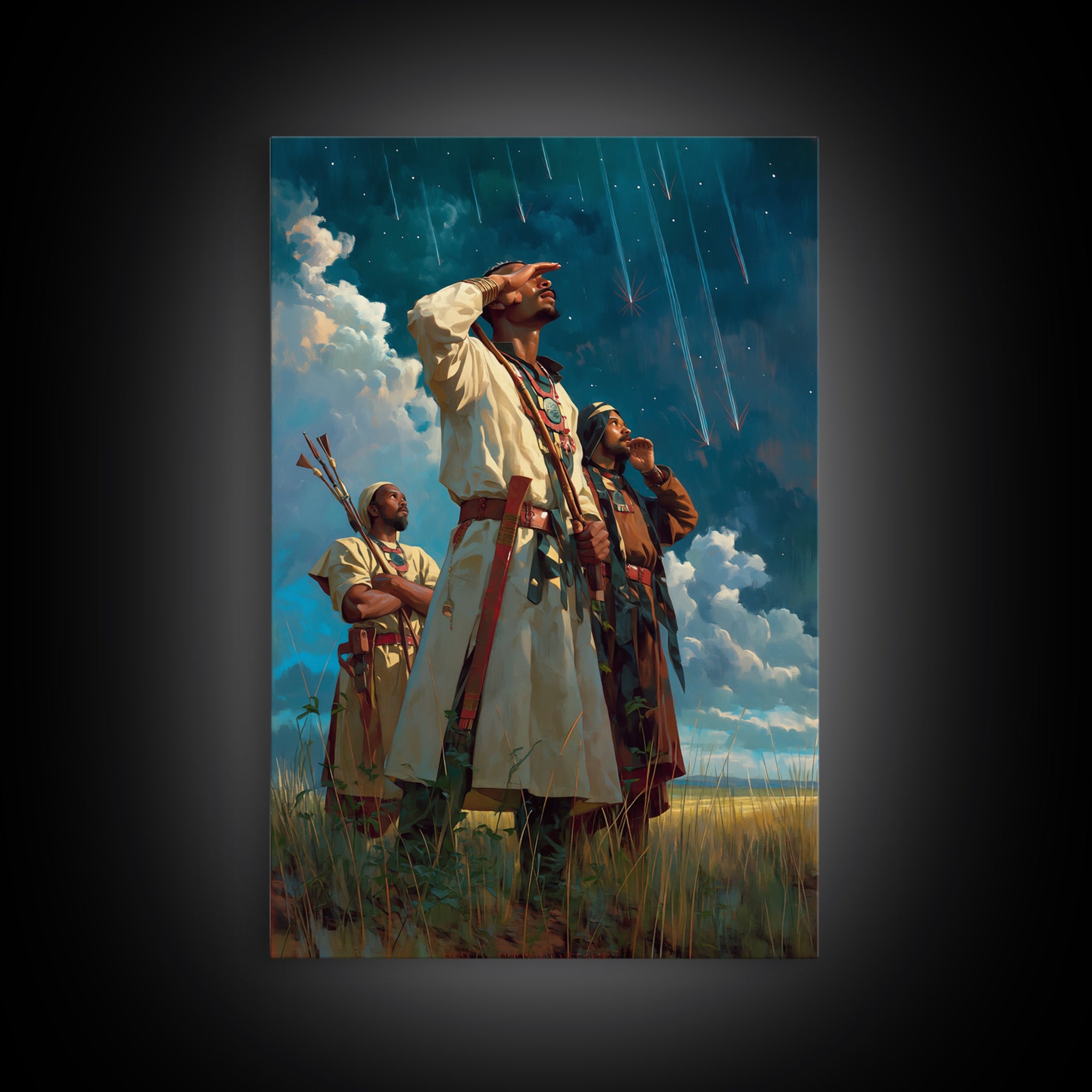 Sky Watchers In Tribal Robes Wall Art, African Warrior Art, Afrocentric Print, Cultural Home Decor, Statement Canvas Decor