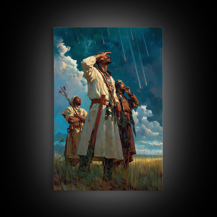 Sky Watchers In Tribal Robes Wall Art, African Warrior Art, Afrocentric Print, Cultural Home Decor, Statement Canvas Decor