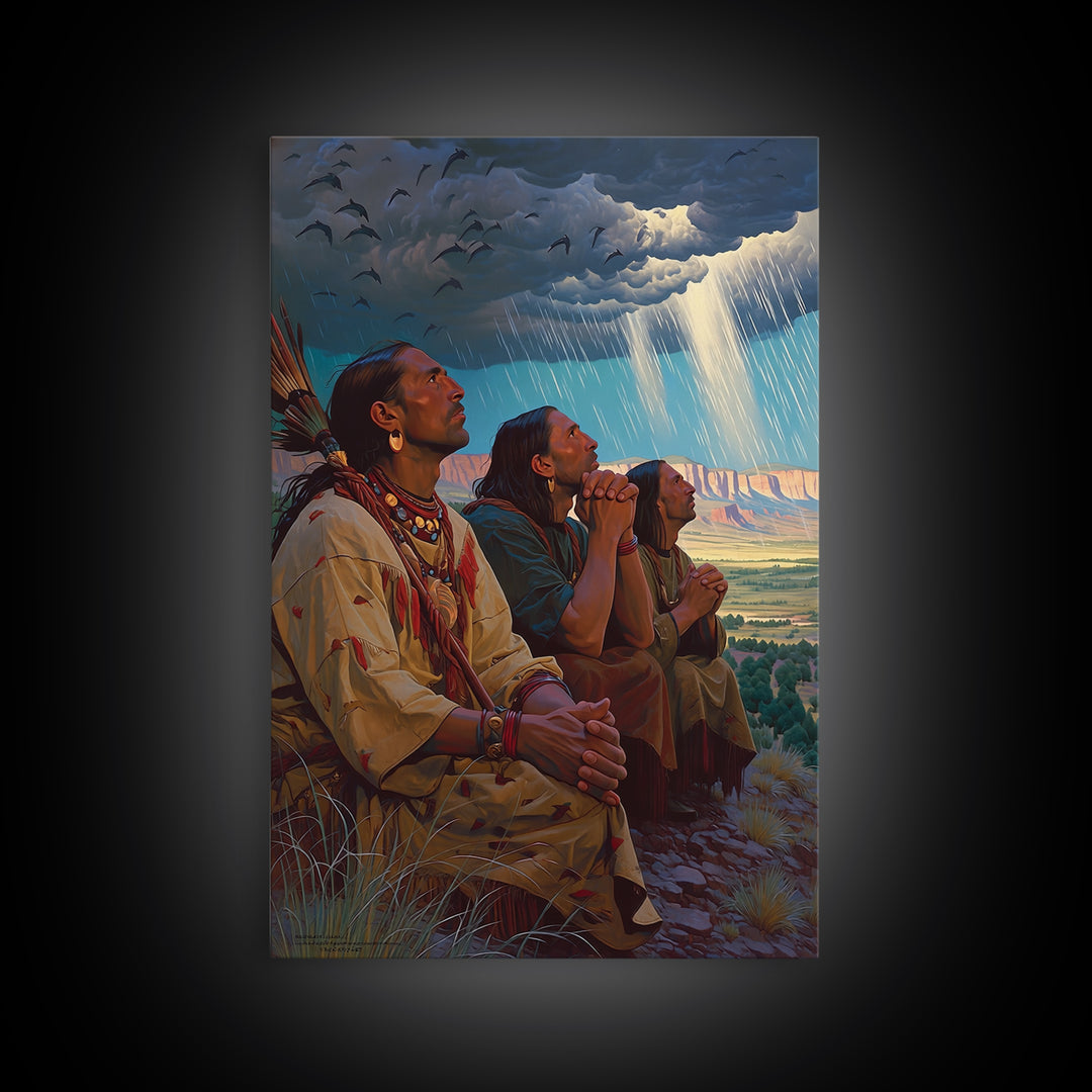 Tribal Elders Praying Under Storm Clouds Wall Art, African Warrior Art Print, Cultural Landscape, Spiritual Home Decor, Gift
