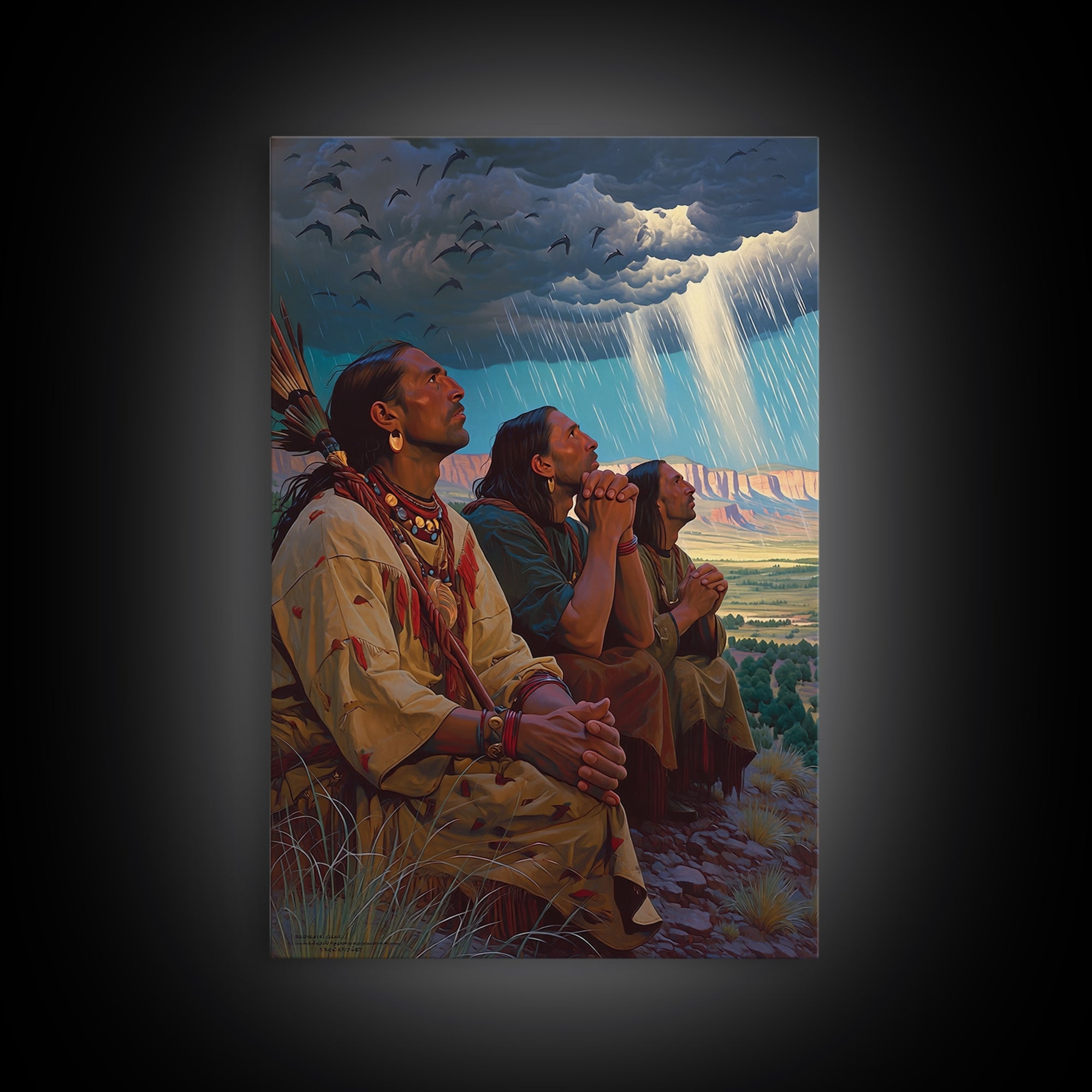 Tribal Elders Praying Under Storm Clouds Wall Art, African Warrior Art Print, Cultural Landscape, Spiritual Home Decor, Gift