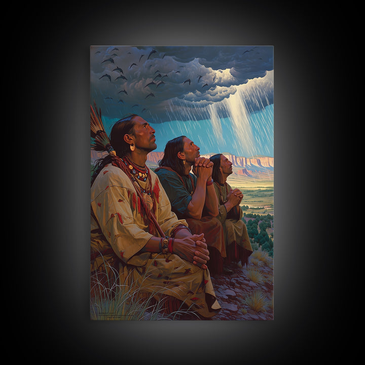 Tribal Elders Praying Under Storm Clouds Wall Art, African Warrior Art Print, Cultural Landscape, Spiritual Home Decor, Gift