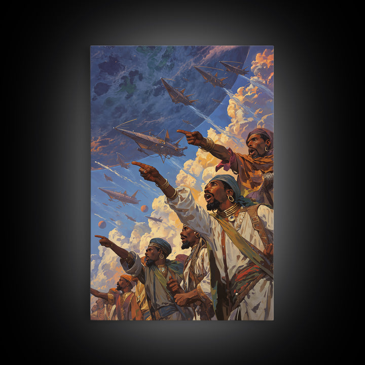 Afrofuturist Warriors Pointing At Sky Ships Wall Art, African Warrior Art, Modern African Art Print, Bold Cultural Decor