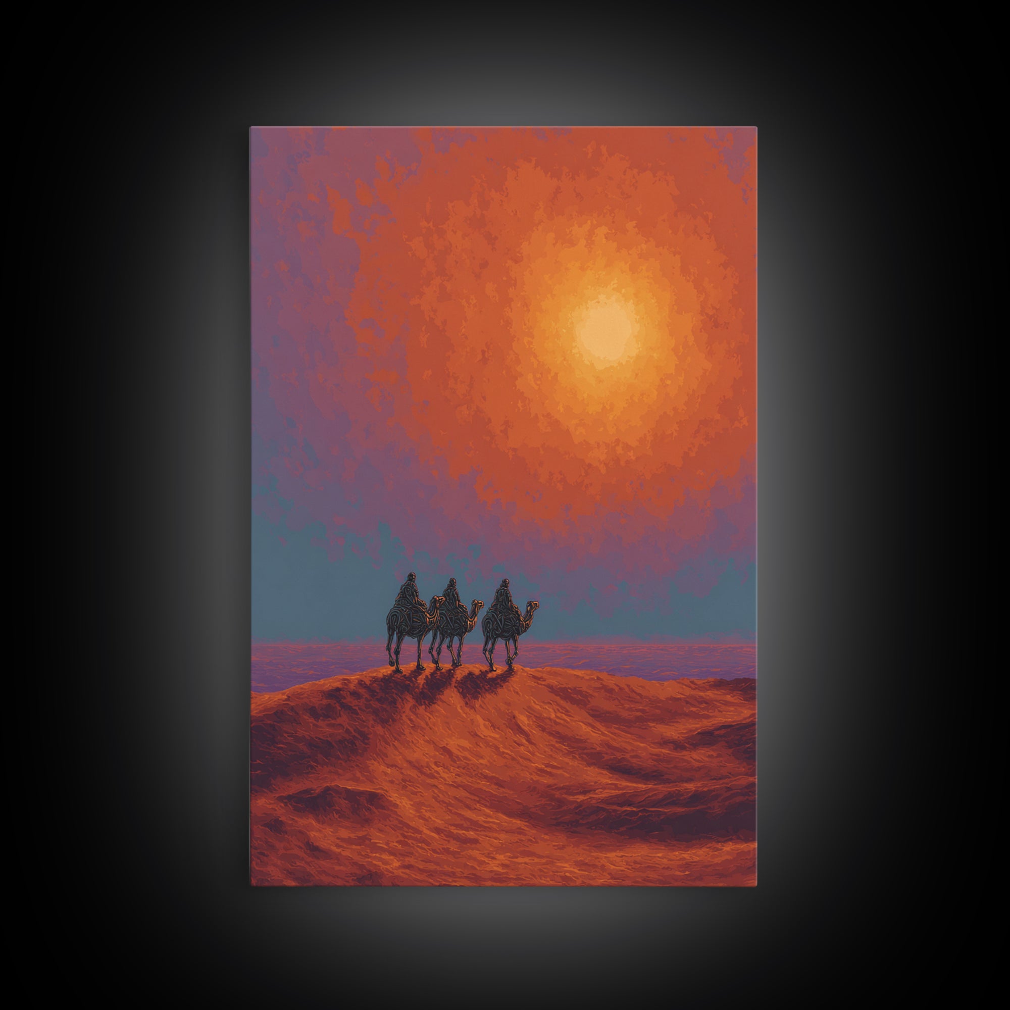 Camel Caravan Crossing Red Desert Dunes Wall Art, African Safari Art Print, Burnt Orange Art, Dreamy Landscape Decor, Gift