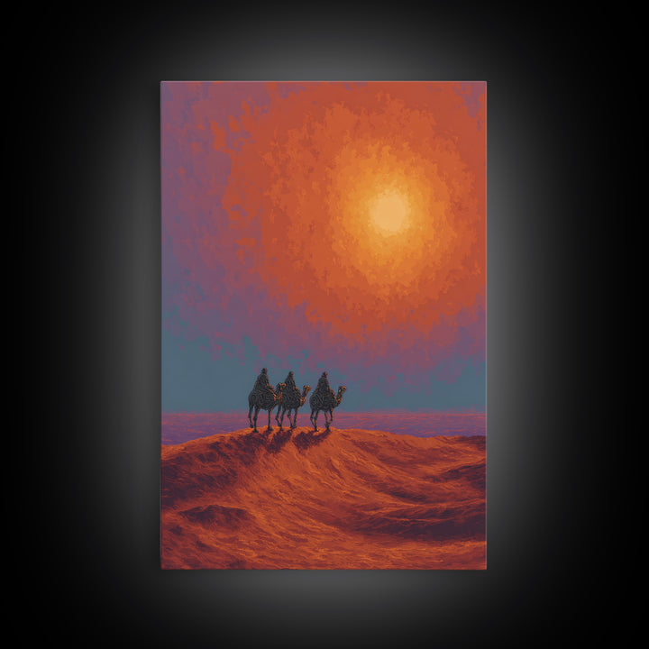 Camel Caravan Crossing Red Desert Dunes Wall Art, African Safari Art Print, Burnt Orange Art, Dreamy Landscape Decor, Gift