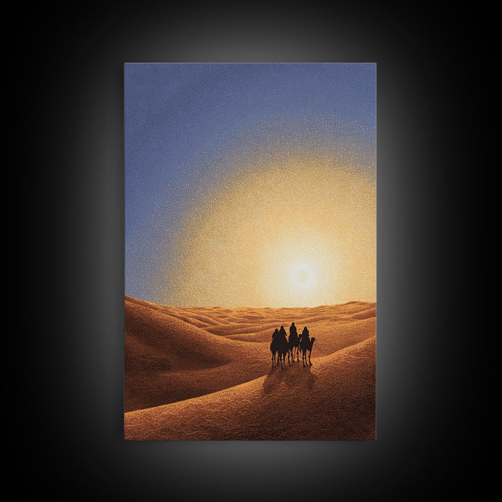 Camel Caravan In Golden Sand Dunes Canvas Print, African Safari Art, Desert Landscape Wall Decor, Warm Sunset Home Decor