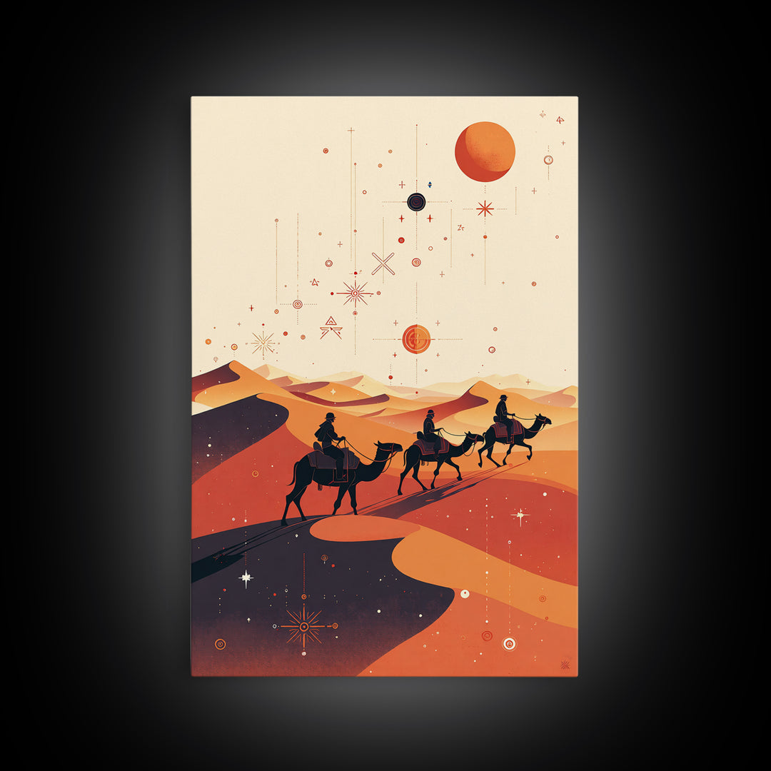 Desert Camel Caravan With Planets Canvas Print, African Travel Art, Boho Wall Decor, Orange Dunes, Celestial Safari Gift