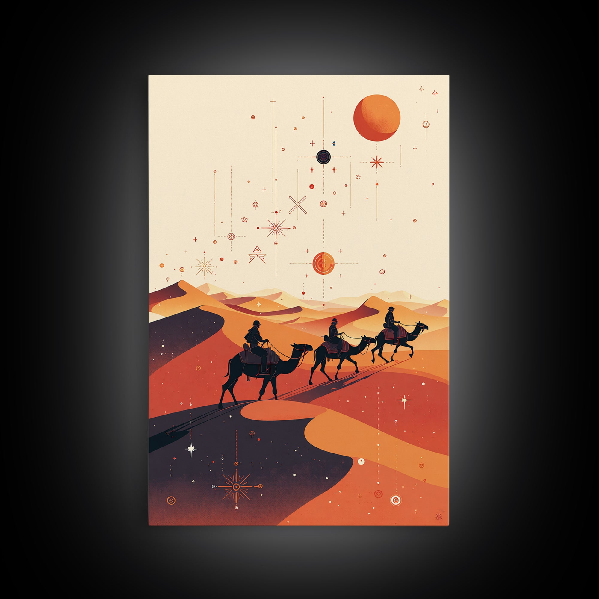 Desert Camel Caravan With Planets Canvas Print, African Travel Art, Boho Wall Decor, Orange Dunes, Celestial Safari Gift