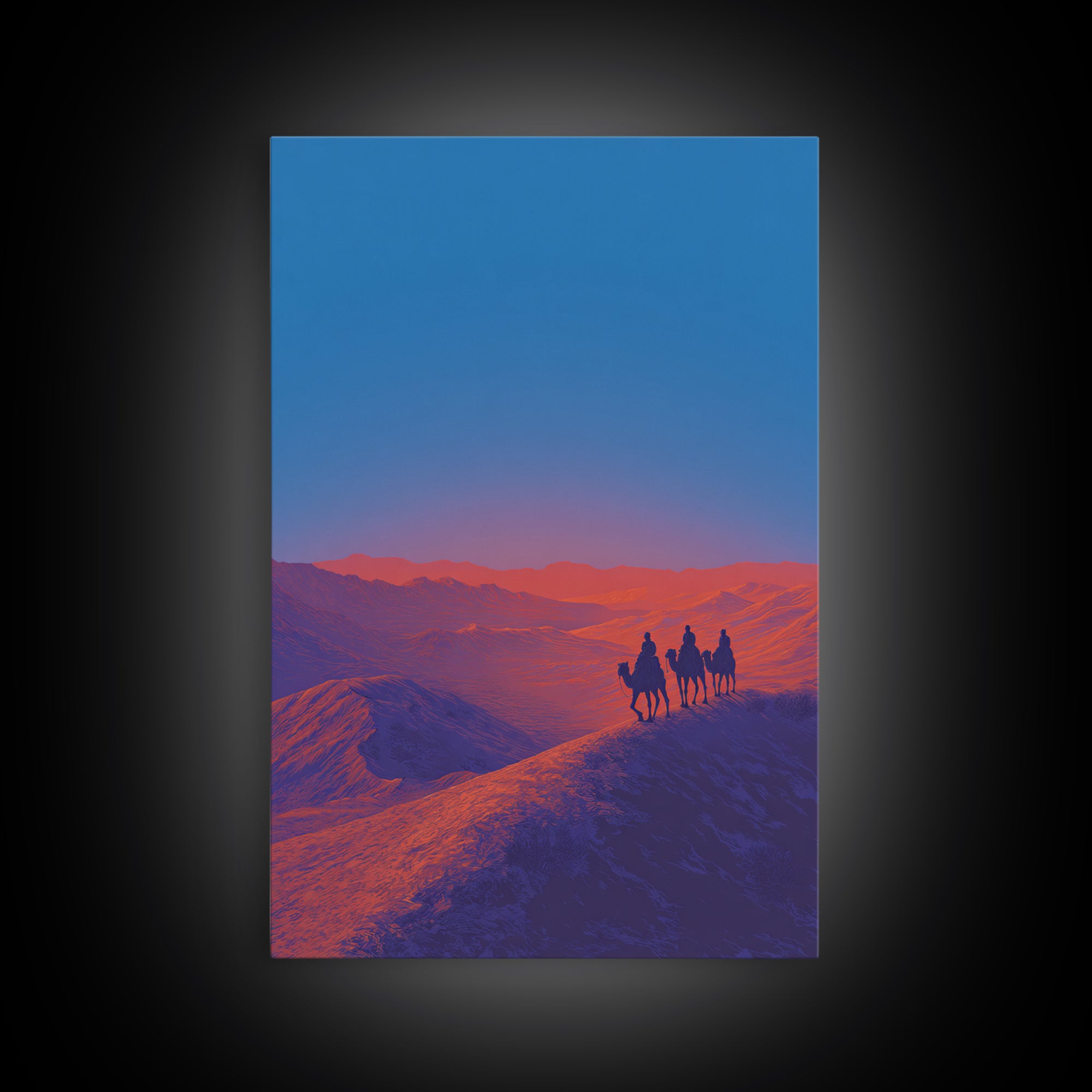 Camel Riders On Blue Desert Ridge Wall Art, African Landscape Print, Modern Safari Art, Sunset Mountain Unique Home Decor Gift