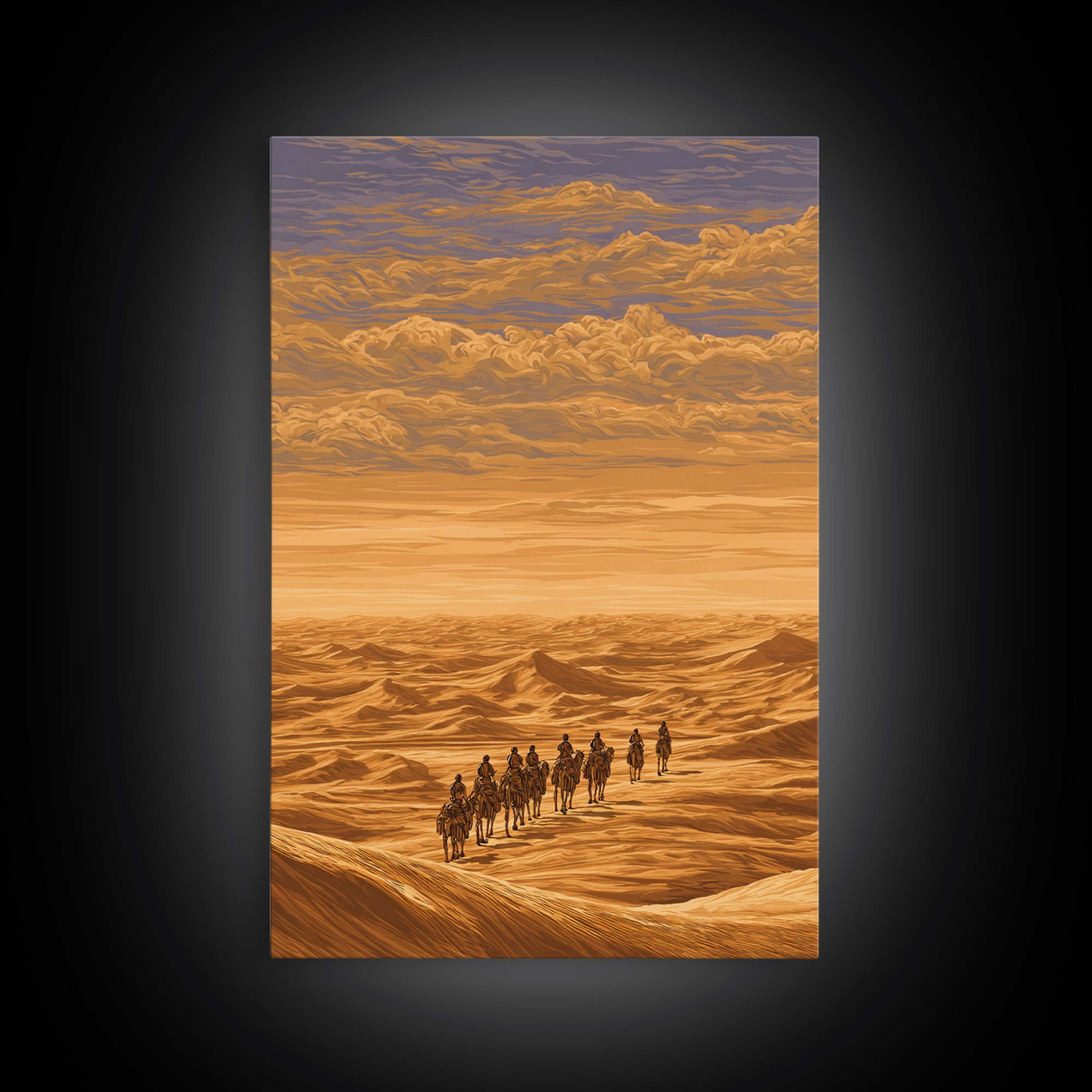 Golden Desert Caravan Across Dunes Canvas Print, African Safari Art, Sahara Landscape, Boho Wall Decor, Living Room Decor