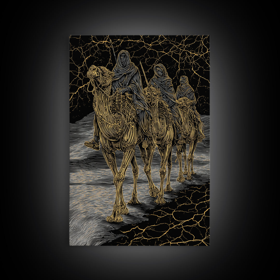Gold Line Camel Riders On Black Desert Wall Art, African Travel, Tribal Decor, Sahara Poster, Bold Boho Home Decor, Statement Piece