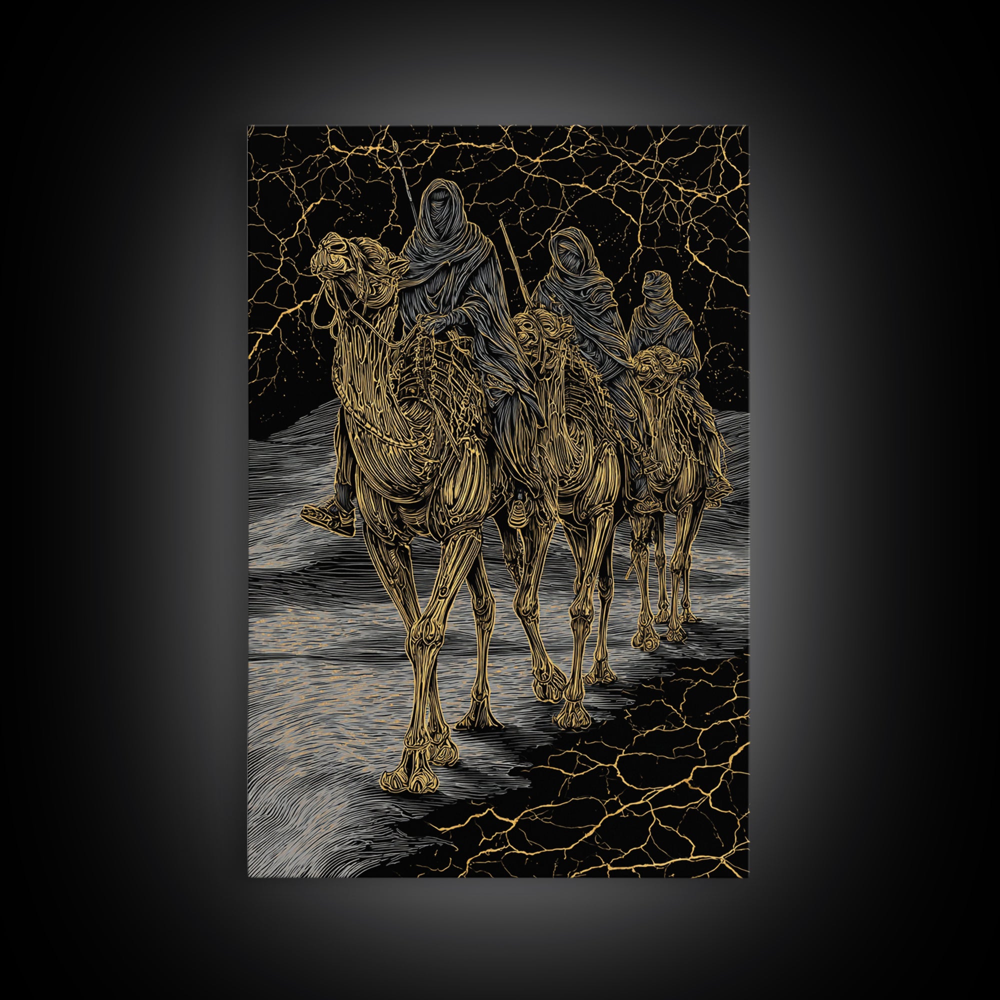Gold Line Camel Riders On Black Desert Wall Art, African Travel, Tribal Decor, Sahara Poster, Bold Boho Home Decor, Statement Piece