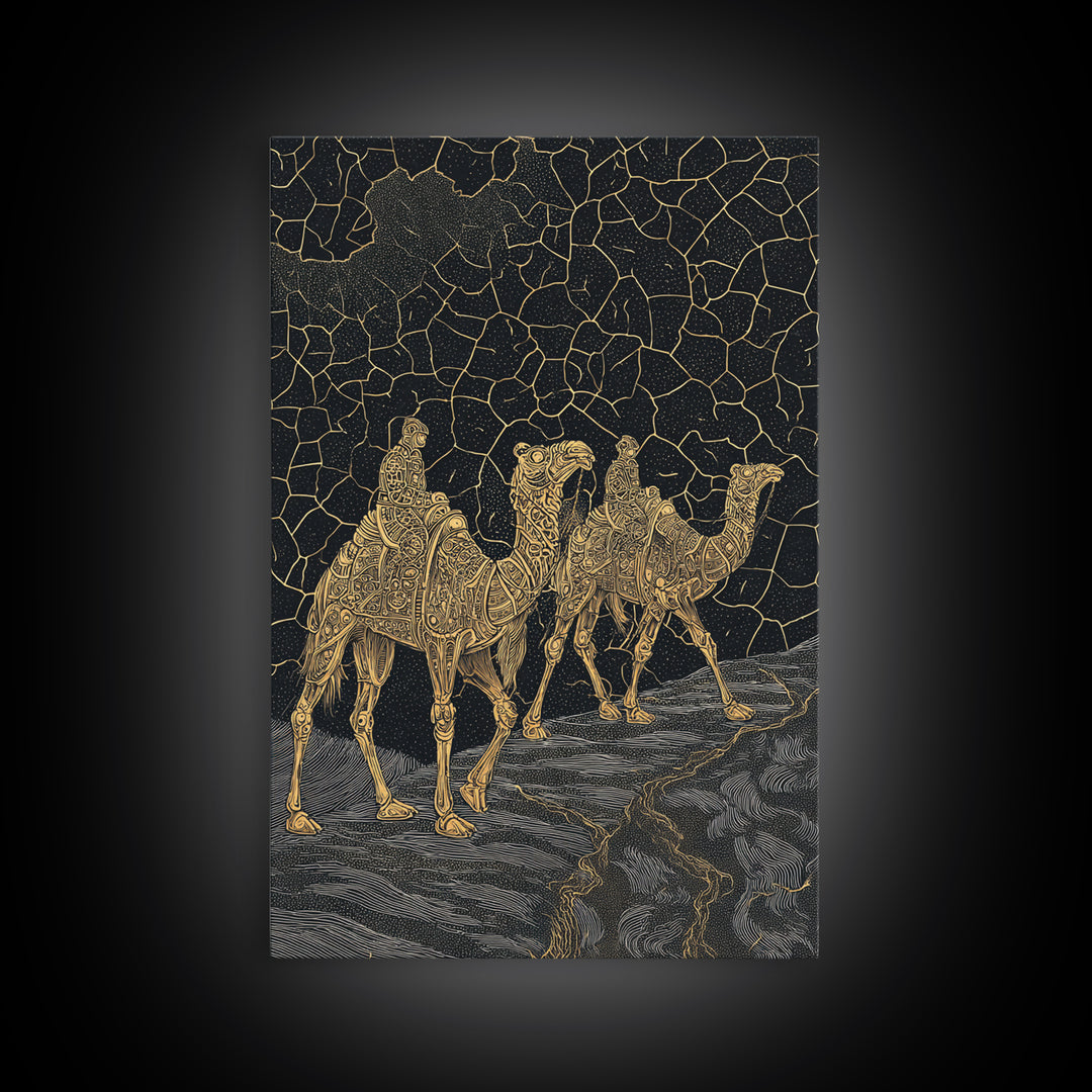 Ornate Golden Camel Caravan Under Stars Framed Canvas Print, African Wall Art, Sahara Travel Poster, Ethnic Home Decor Gift