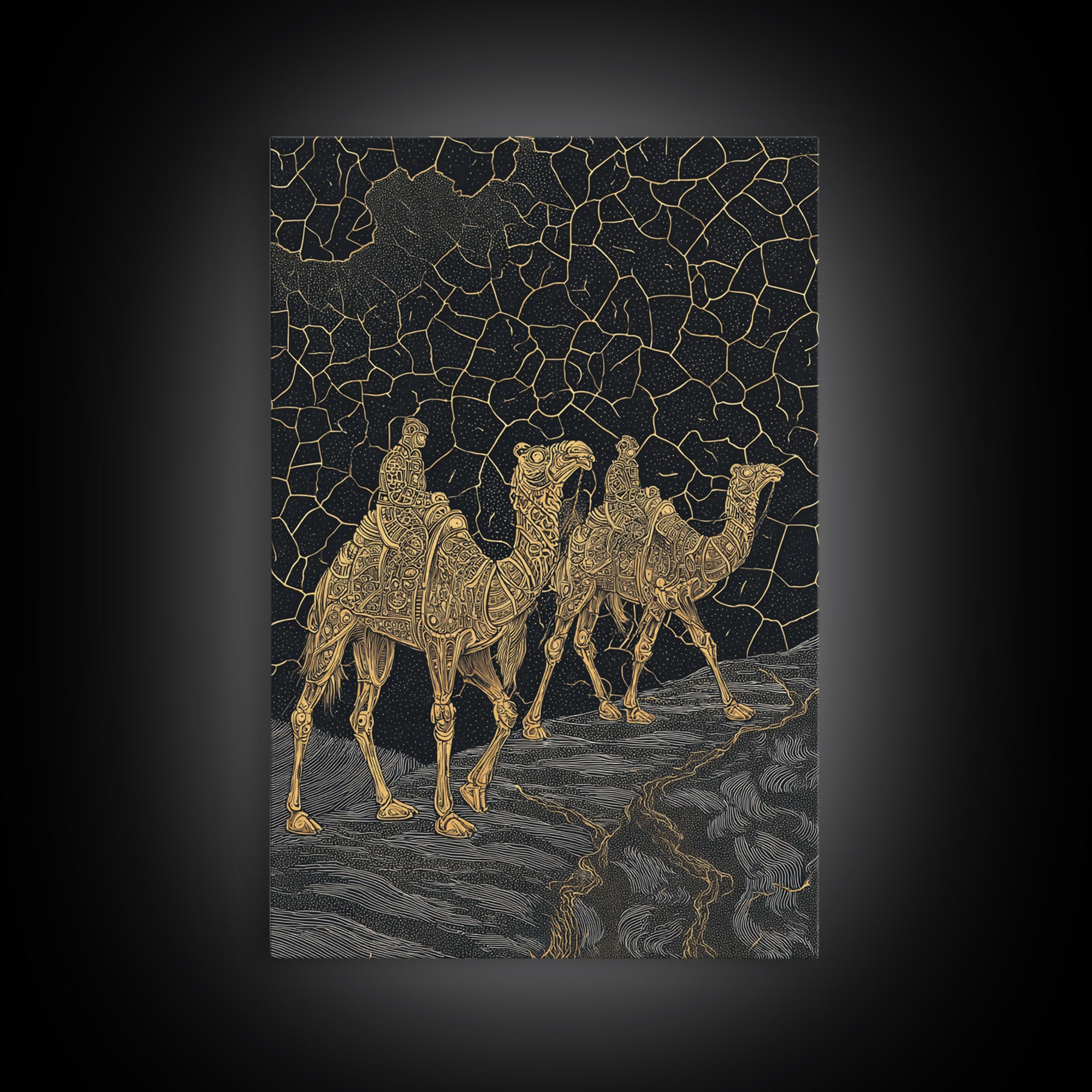 Ornate Golden Camel Caravan Under Stars Framed Canvas Print, African Wall Art, Sahara Travel Poster, Ethnic Home Decor Gift
