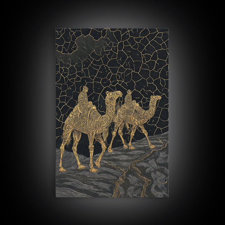 Ornate Golden Camel Caravan Under Stars Framed Canvas Print, African Wall Art, Sahara Travel Poster, Ethnic Home Decor Gift