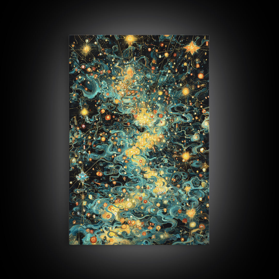 Glowing Celestial Swirls With Stars Canvas Print, Abstract Art, Teal And Gold Wall Decor, Dreamy Modern Home Decor, Gift For Her