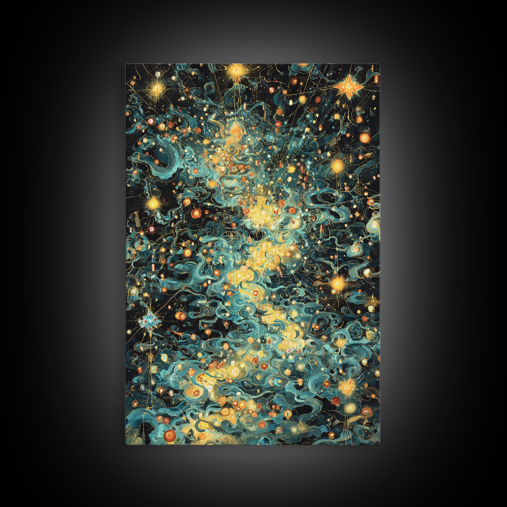 Glowing Celestial Swirls With Stars Canvas Print, Abstract Art, Teal And Gold Wall Decor, Dreamy Modern Home Decor, Gift For Her