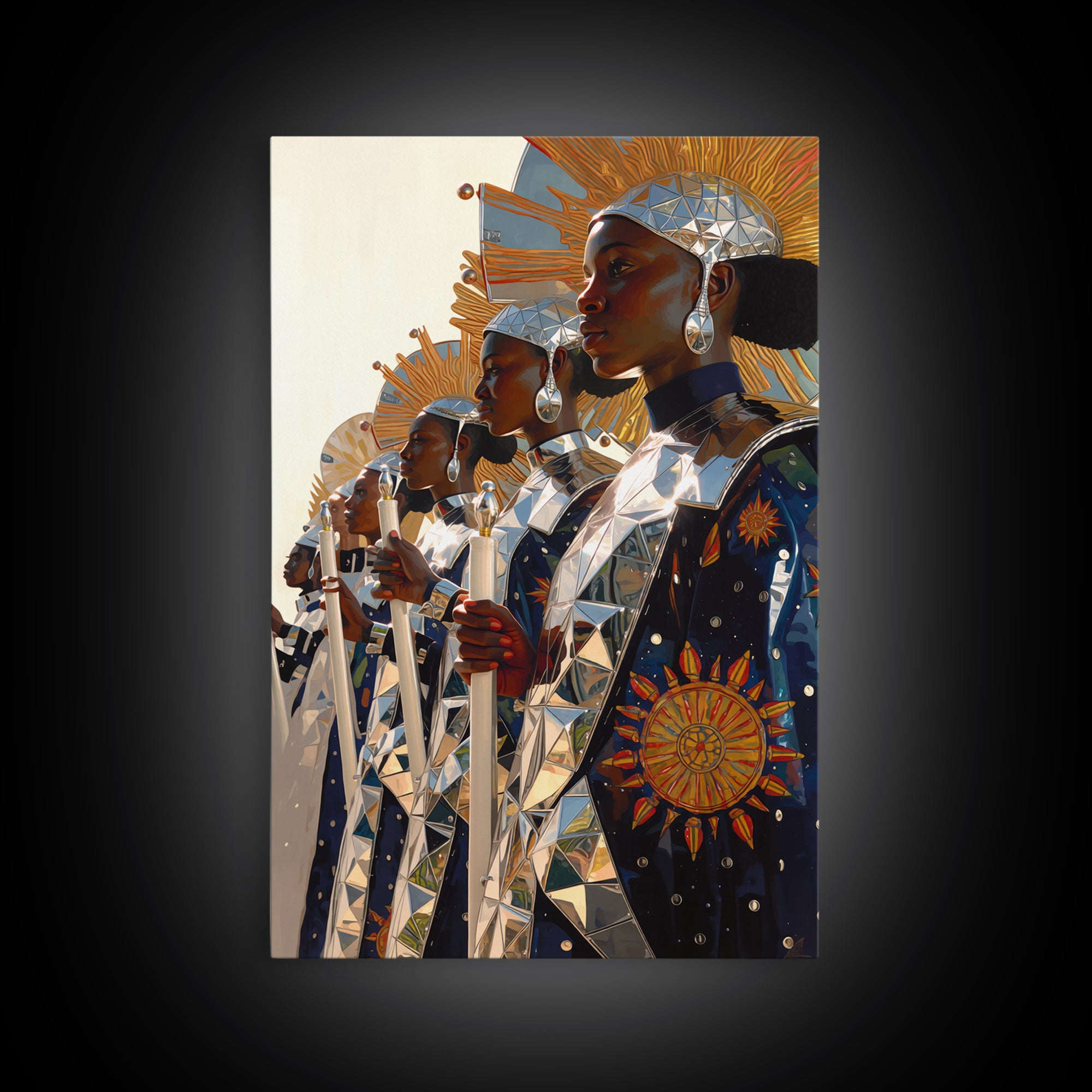 Afrofuturist Women In Silver Sun Armor Canvas Print, Black Women Art, African Queen, Empowered Women, Luxury Wall Decor Gift