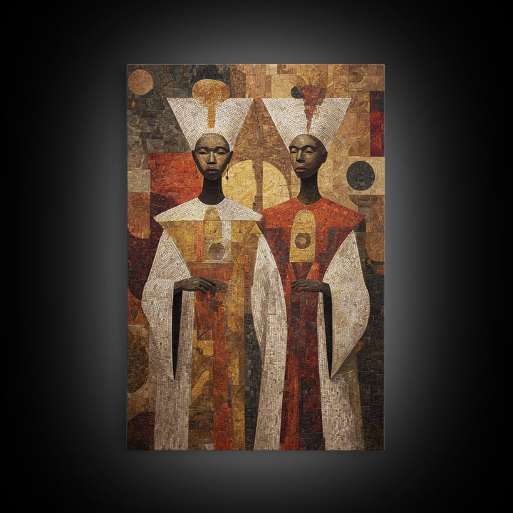 Geometric African Queens In Earth Tones Wall Art, African Abstract, Black Culture Art, Tribal Queen Art, Elegant Home Decor