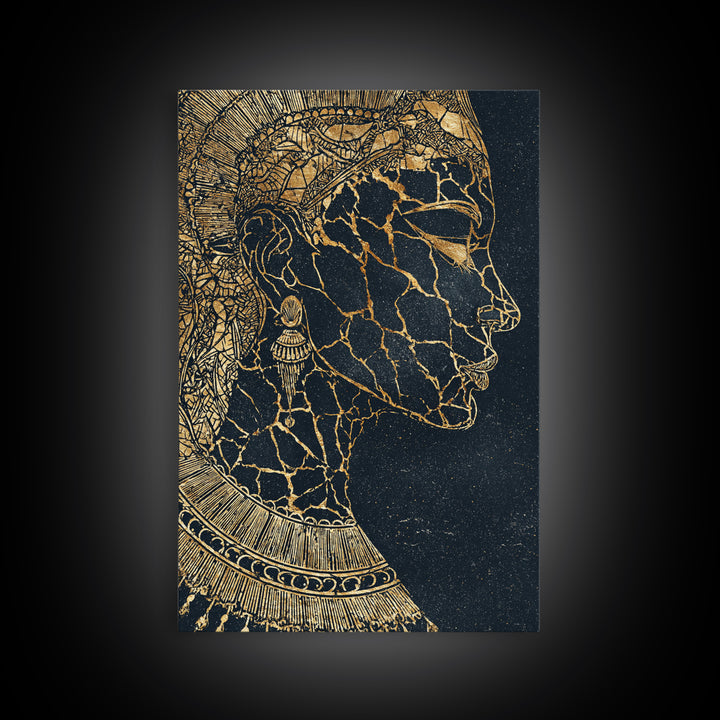 Gold Cracked African Queen Profile Wall Art, Black Woman Portrait, Afrocentric Decor, Luxury Canvas, Black And Gold Design