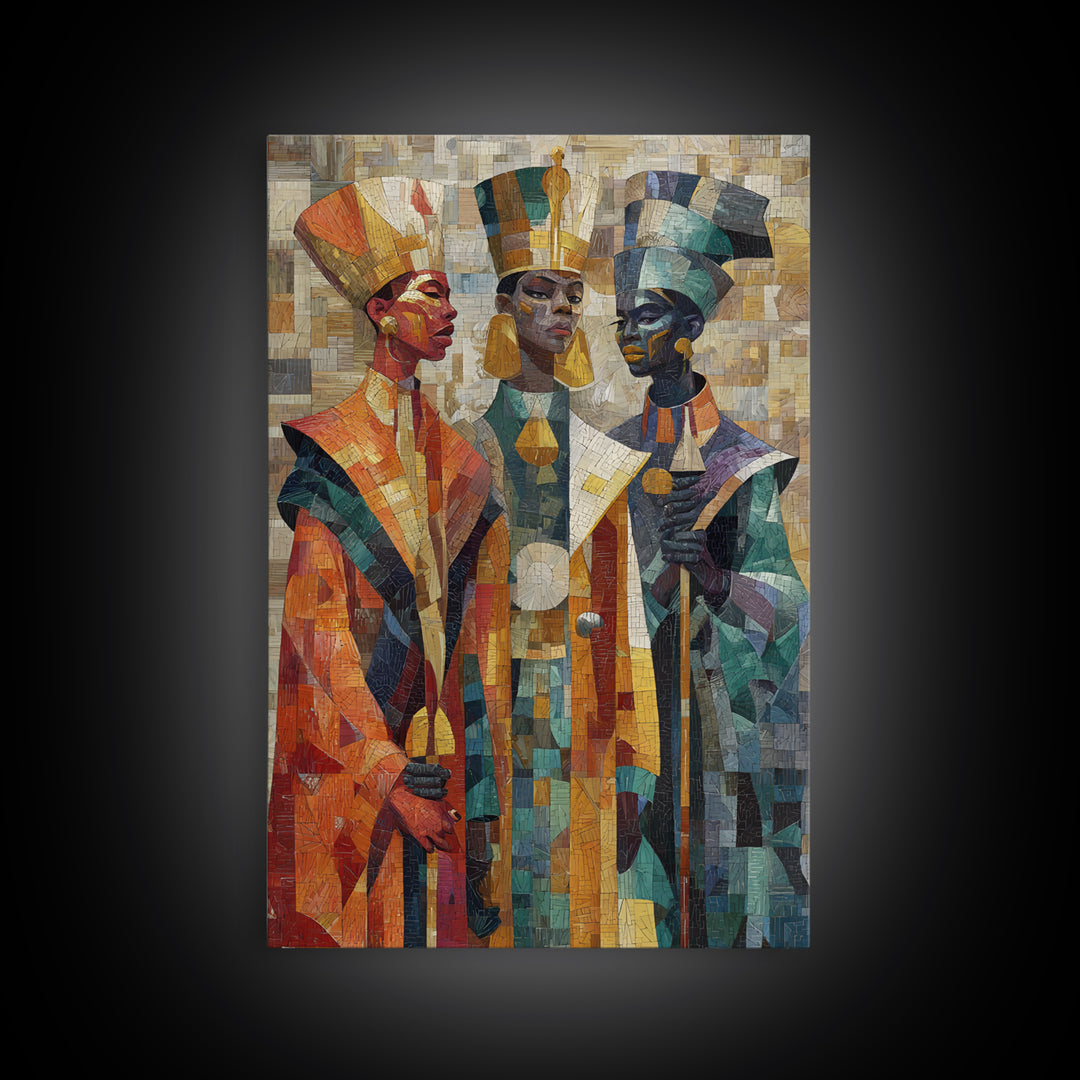 Three Regal African Figures Framed Canvas Print, Cubist Mosaic Portrait, Tribal Queen Art, Cultural Wall Decor, Bold Home Decor