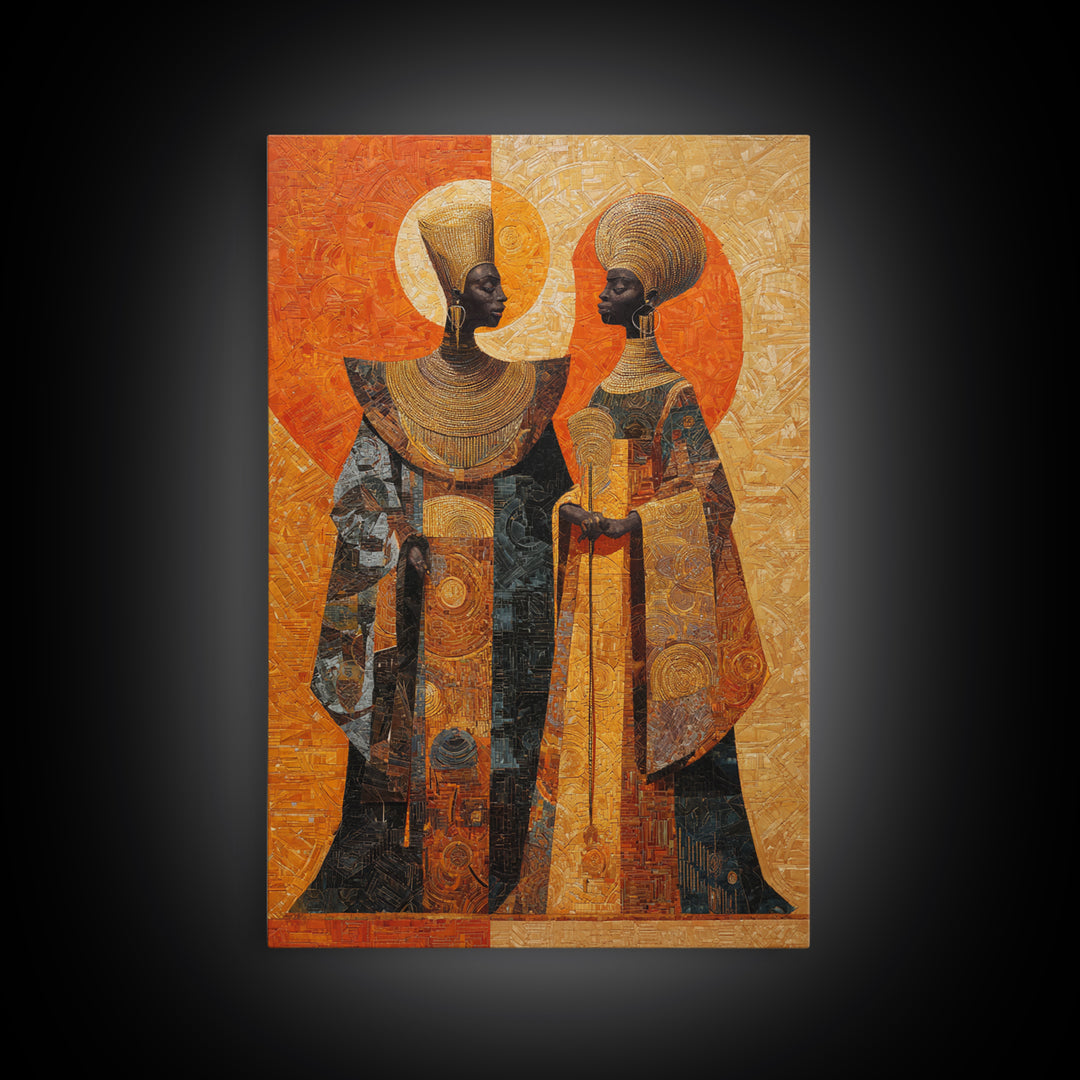 Orange Gold African Queen Pair Wall Art, Elegant Halo Portrait, Modern African Art, Black Woman Canvas, Earth Tone Decor