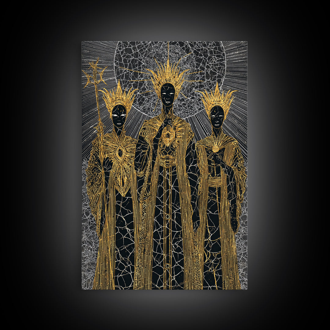Three Black Gold Priestesses Canvas Print, Mystical African Portrait, Spiritual Wall Art, Goddess Artwork, Afrocentric Decor