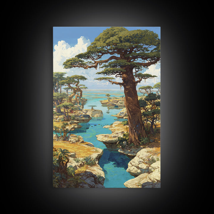 Baobab Trees By Turquoise Water Canvas Print, African Landscape, Serengeti Wall Art, Nature Scene Art, Safari Decor Gift