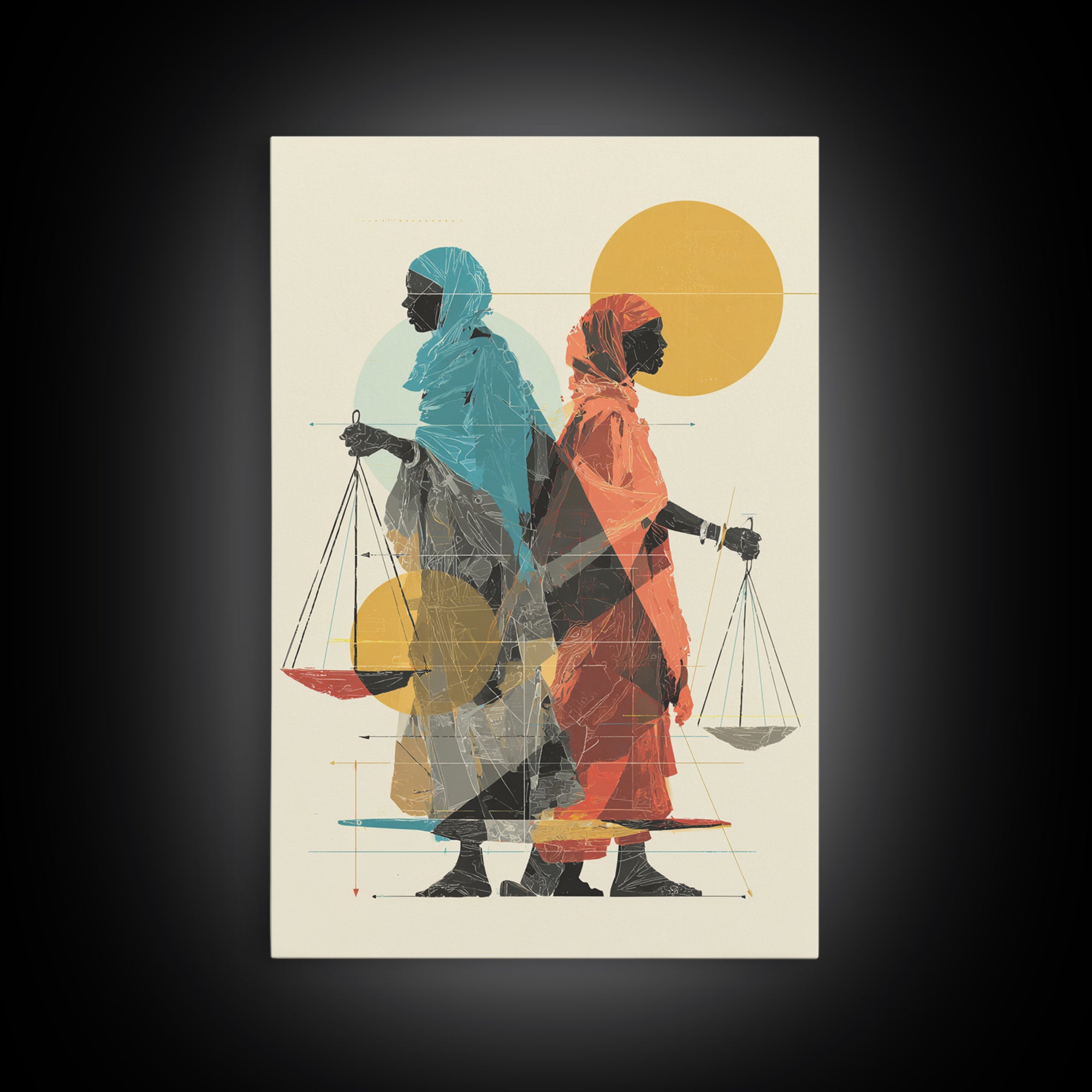 Two Veiled African Women With Scales Canvas Print, Modern Justice Portrait, Afrocentric Wall Decor, Feminine Wall Art Gift