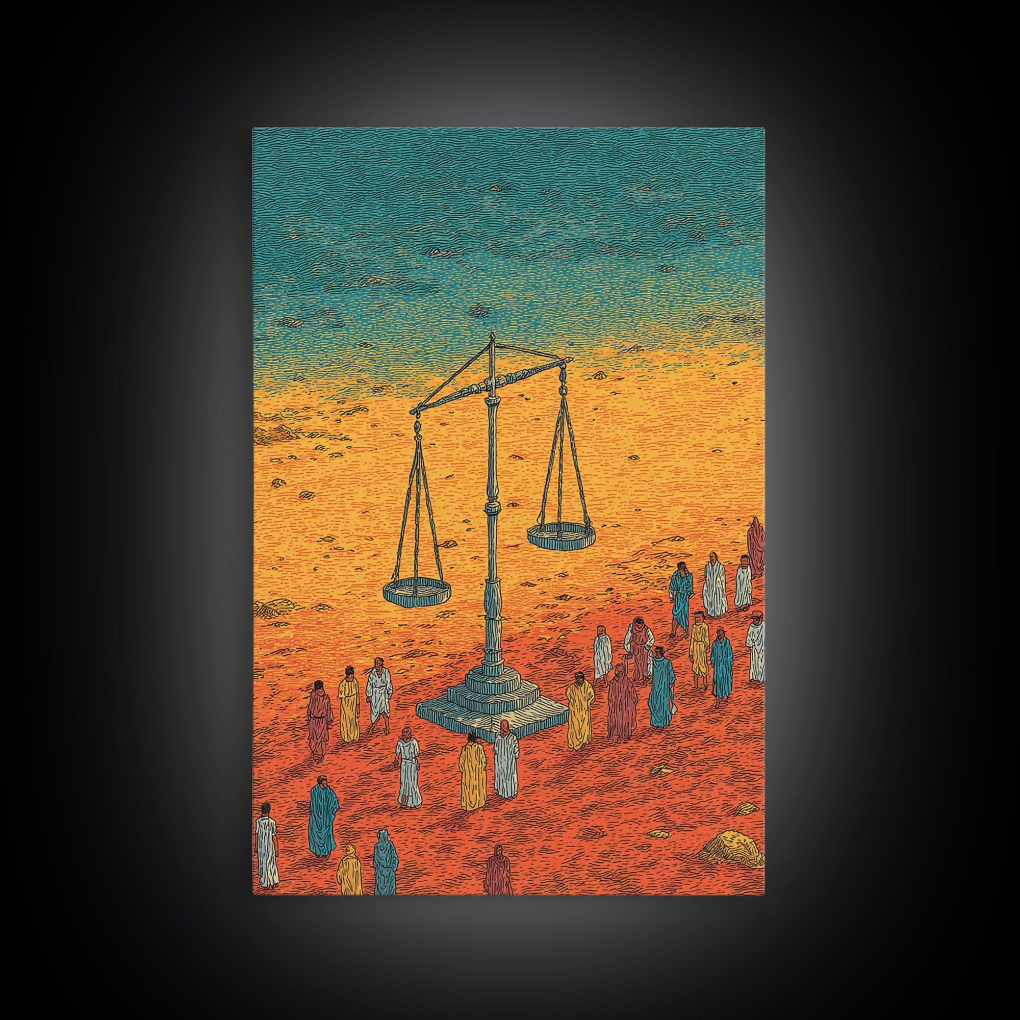 Desert Justice Scales With Robed Figures Wall Art, African Culture Art Print, Afrocentric Decor, Statement Living Room Decor