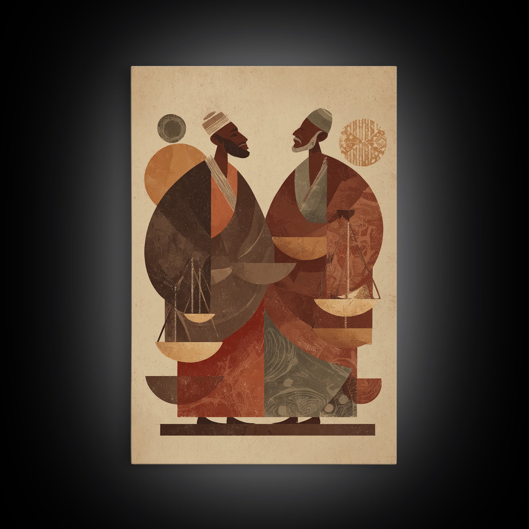 Two African Men With Balance Scales Framed Canvas Print, African Wall Art, Cultural Art Print, Afrocentric Home Decor Gift