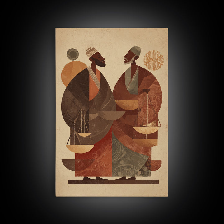Two African Men With Balance Scales Framed Canvas Print, African Wall Art, Cultural Art Print, Afrocentric Home Decor Gift