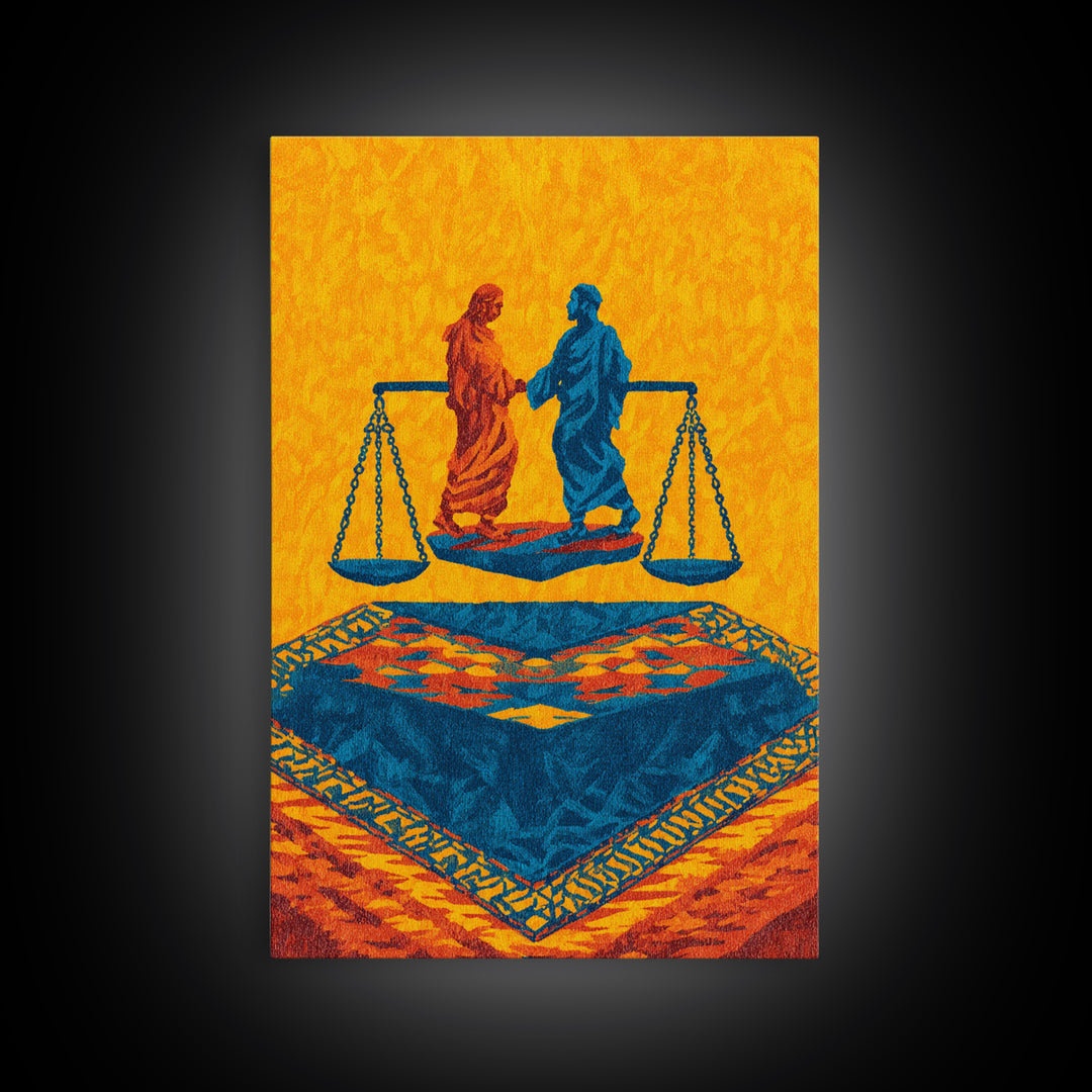 Balanced Figures On Blue Rug Wall Art, African Inspired Justice Painting, Cultural Wall Decor, Bold Afrocentric Canvas Print
