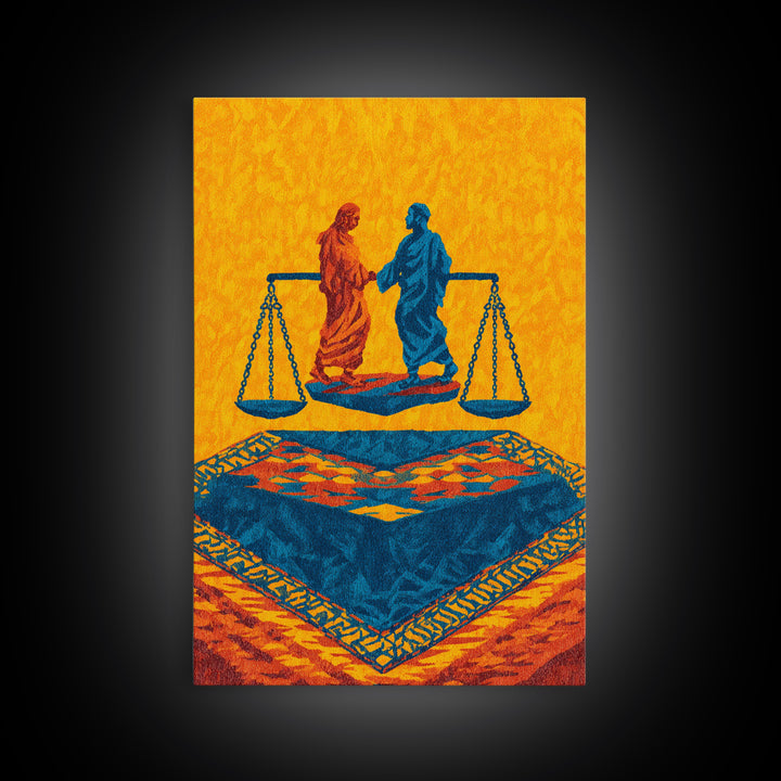 Balanced Figures On Blue Rug Wall Art, African Inspired Justice Painting, Cultural Wall Decor, Bold Afrocentric Canvas Print