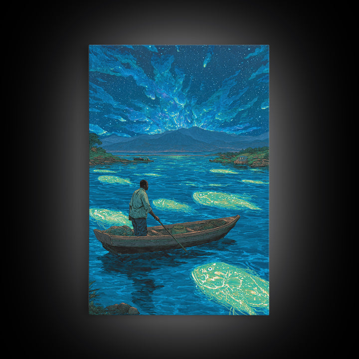 Starlit Fisherman On Glowing Blue Lake Canvas Print, African Landscape Wall Art, Dreamy Nature Scene, Unique Home Decor Gift