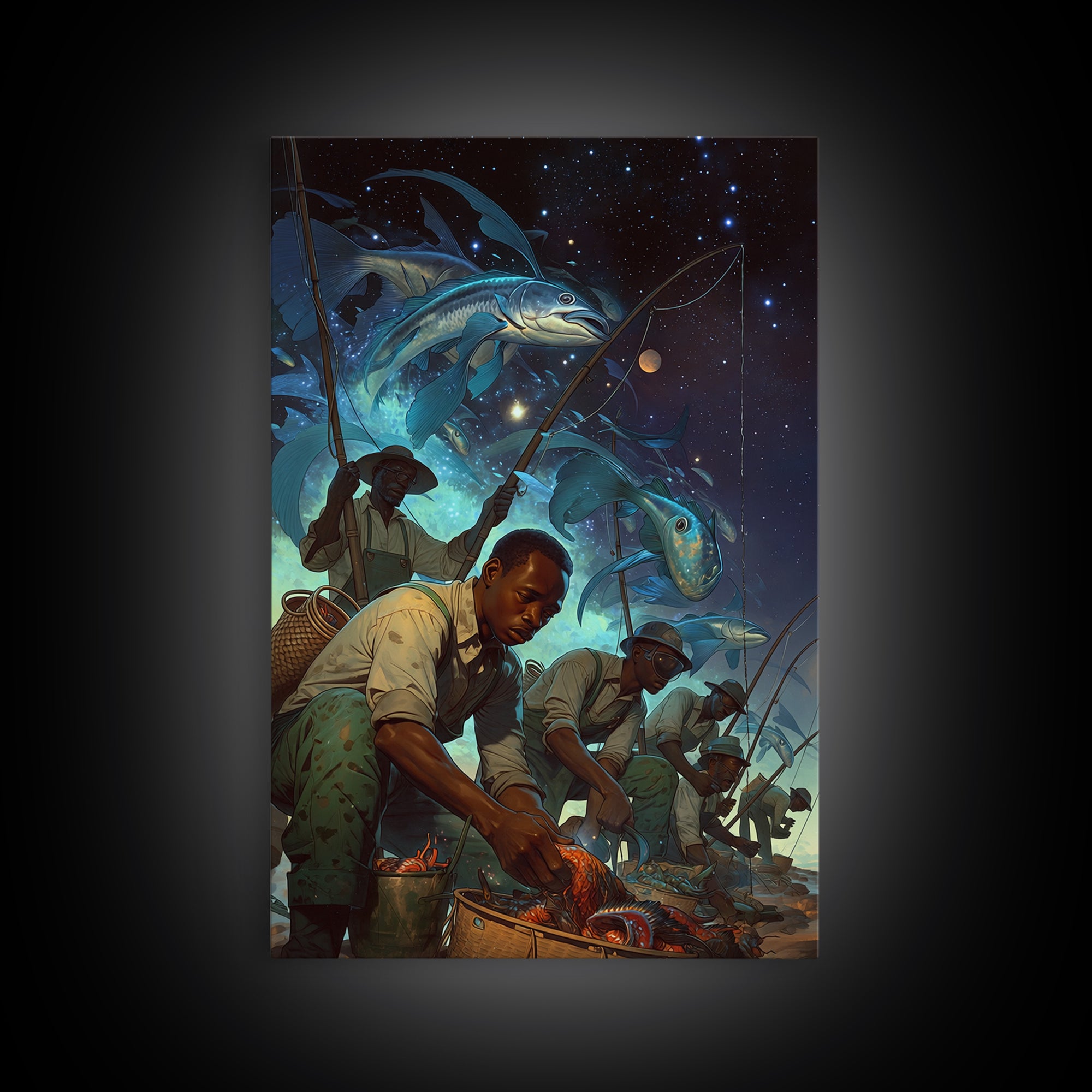 Cosmic Fishermen Under Giant Flying Fish Wall Art, African Safari Art Print, Black Men Portrait, Fantasy Coastal Decor Gift