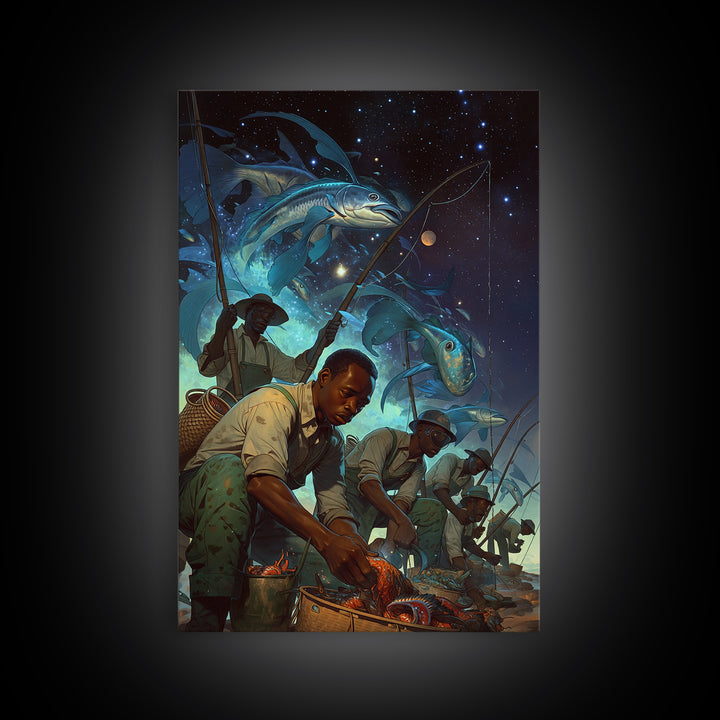 Cosmic Fishermen Under Giant Flying Fish Wall Art, African Safari Art Print, Black Men Portrait, Fantasy Coastal Decor Gift
