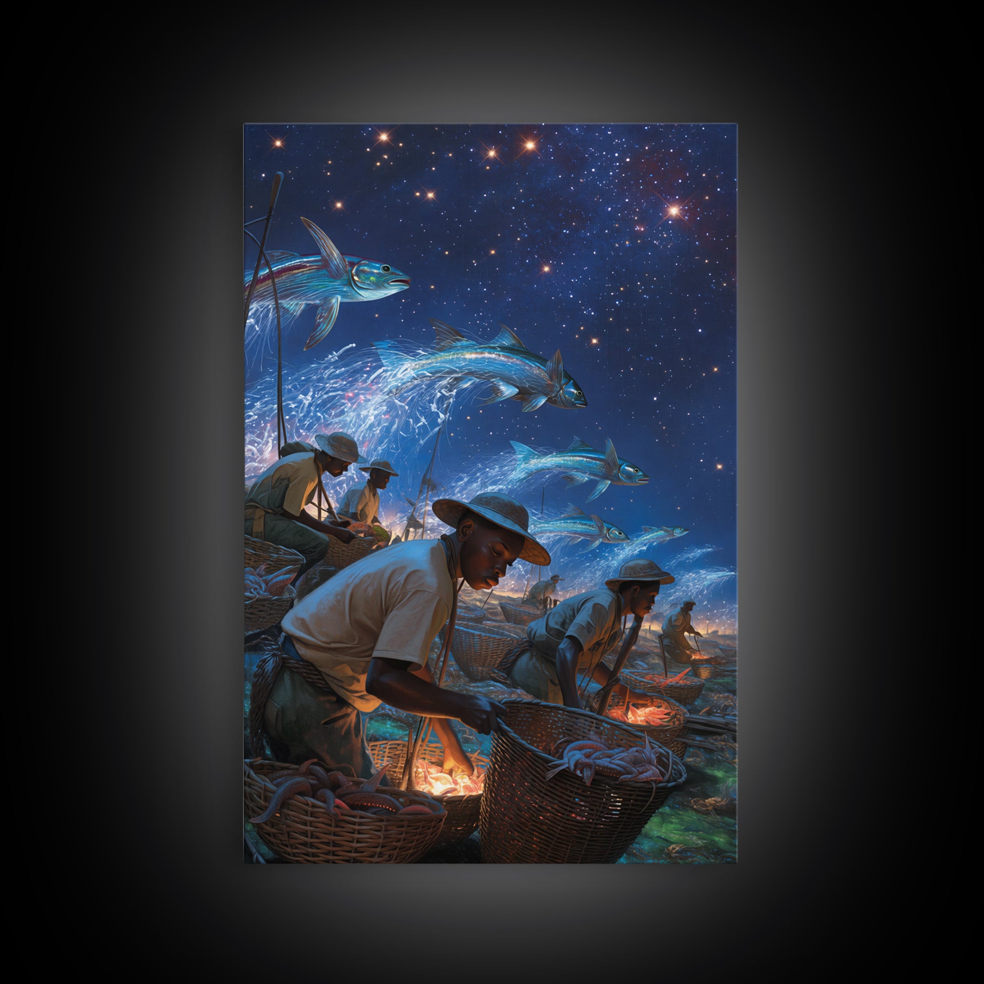 Starry Night Fishermen With Baskets Canvas Print, African Wall Art, Black Men Coastal Scene, Magical Fish Ocean Decor Gift