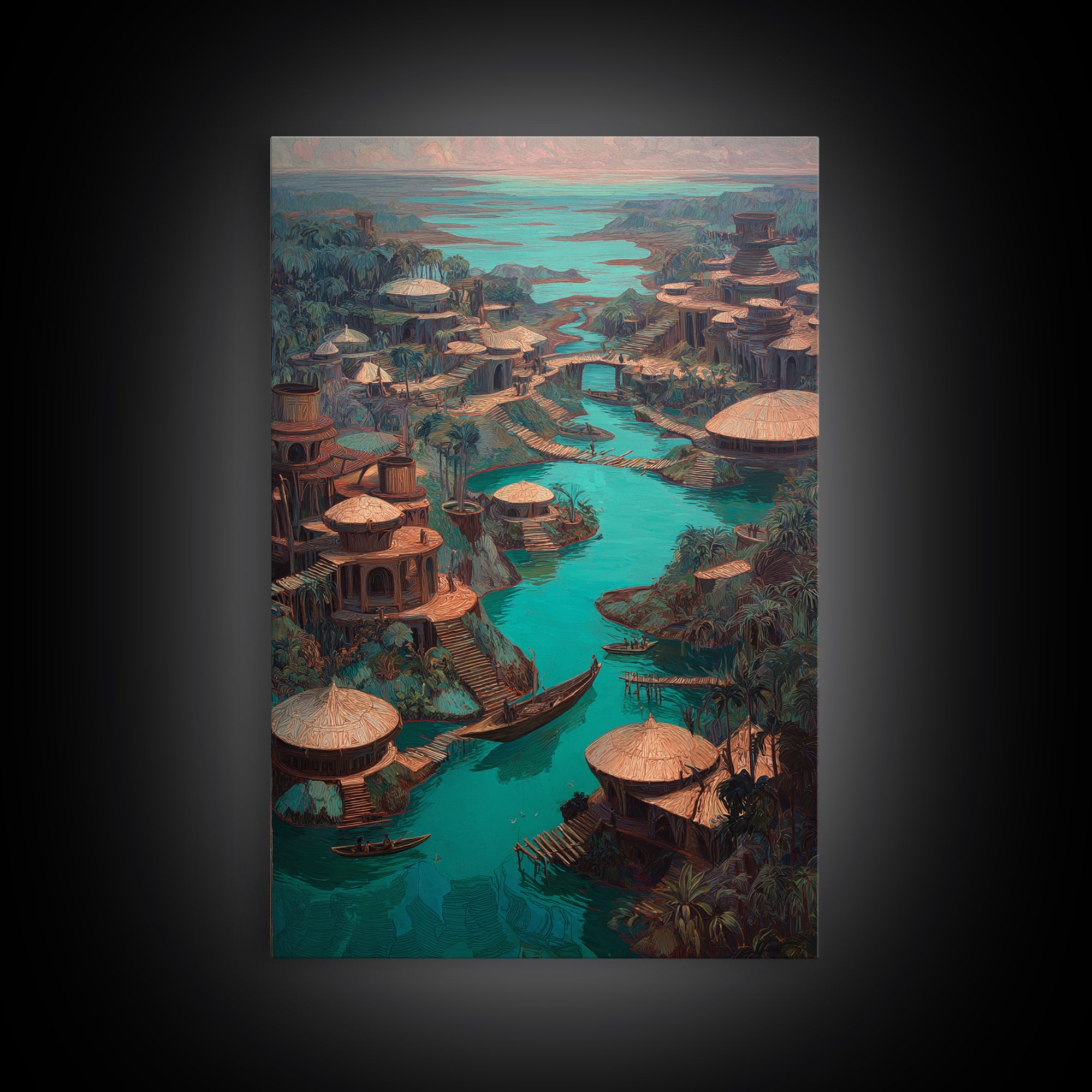 Turquoise River Village With Round Huts Wall Art, African Landscape Canvas Print, Jungle African Decor, Unique Living Room Art