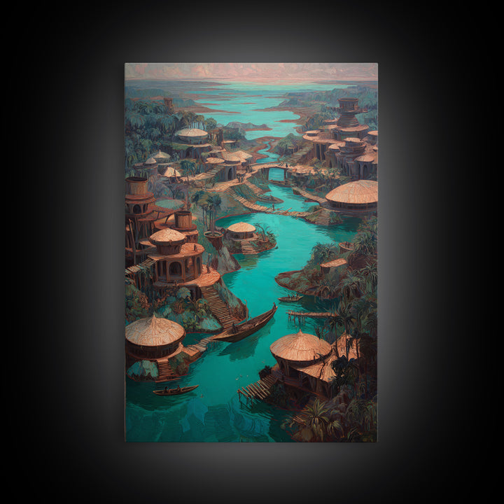 Turquoise River Village With Round Huts Wall Art, African Landscape Canvas Print, Jungle African Decor, Unique Living Room Art