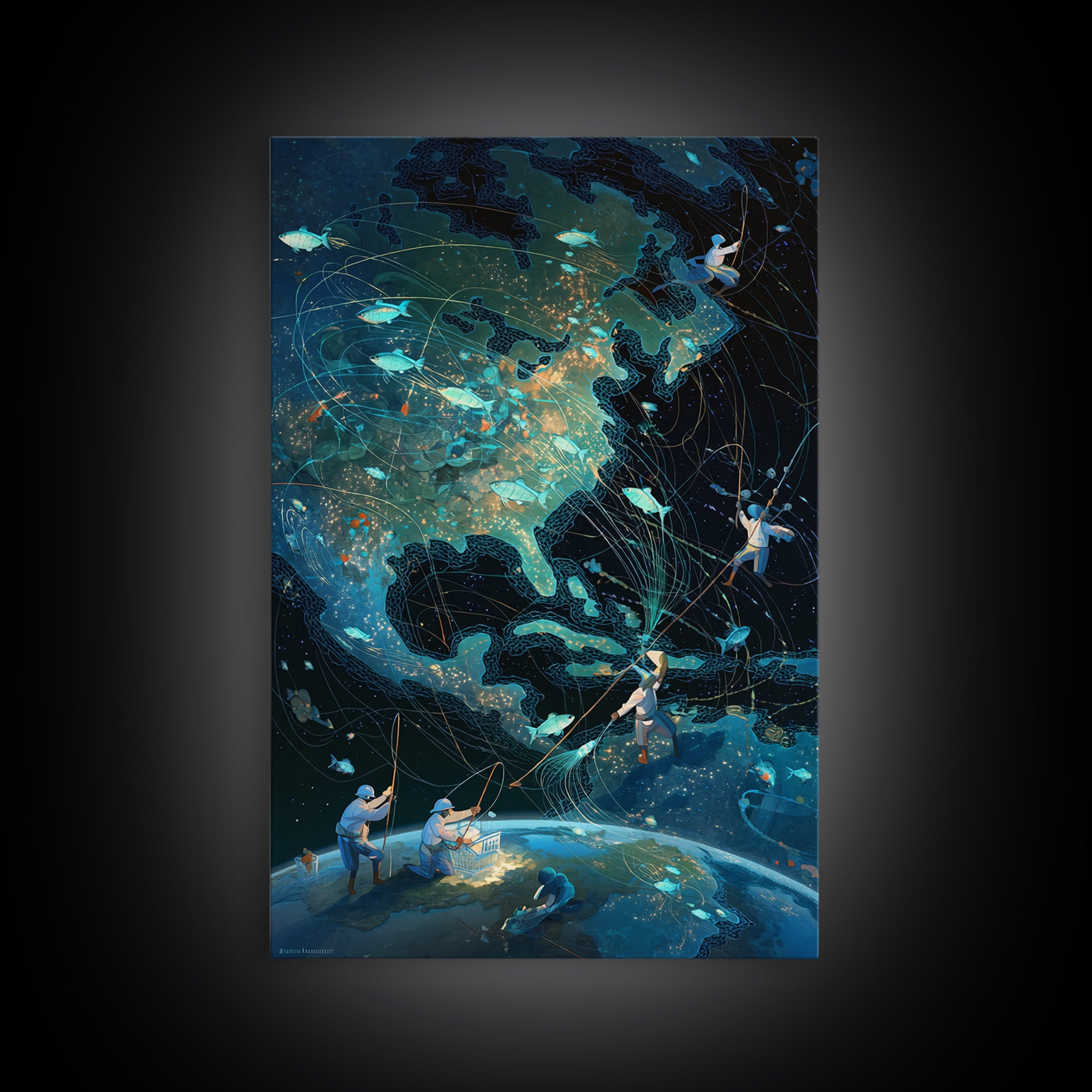 Glowing North America Fishing Map Wall Art, Whimsical Ocean Canvas Print, Teal Adventure Decor For Office And Living Room