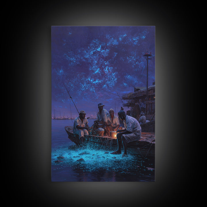 Night Fishermen With Glowing Nets Framed Canvas Print, Blue Coastal Wall Art, Contemporary Harbor Decor For Home Office Gift